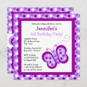 キュートパープルバタフライ&水玉模様誕生日招待状 招待状 (正面/裏面)