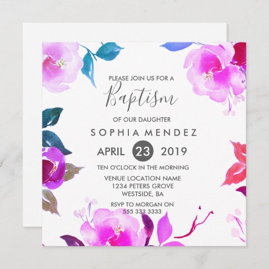 キュートパープルバラフローラガールバプテスマ招待状 招待状 (正面/裏面)