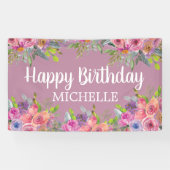 キュートパープルピンクフローラハッピーバースデー名 横断幕 (横)