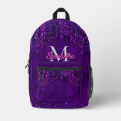キュートパープルピンクユニコーングリッタードリップスモノグラム プリントバックパック (正面)