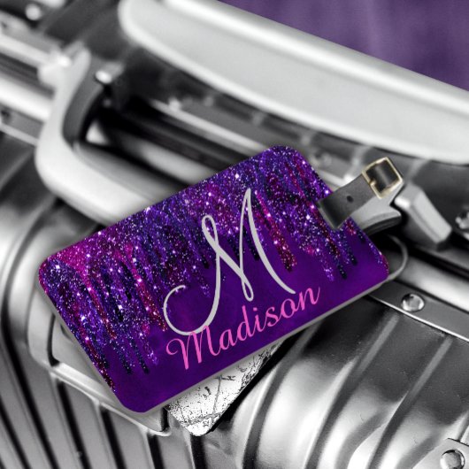 キュートパープルピンクユニコーングリッタードリップスモノグラム ラゲッジタグ