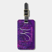 キュートパープルピンクユニコーングリッタードリップスモノグラム ラゲッジタグ (正面縦)