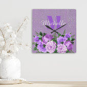 キュートパープルフローラシルバーグリッターモノグラム   スクエア壁時計