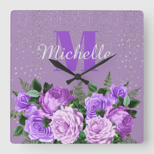 キュートパープルフローラシルバーグリッターモノグラム スクエア壁時計 (正面)