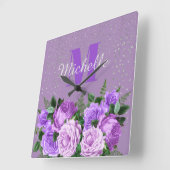 キュートパープルフローラシルバーグリッターモノグラム   スクエア壁時計 (傾斜)