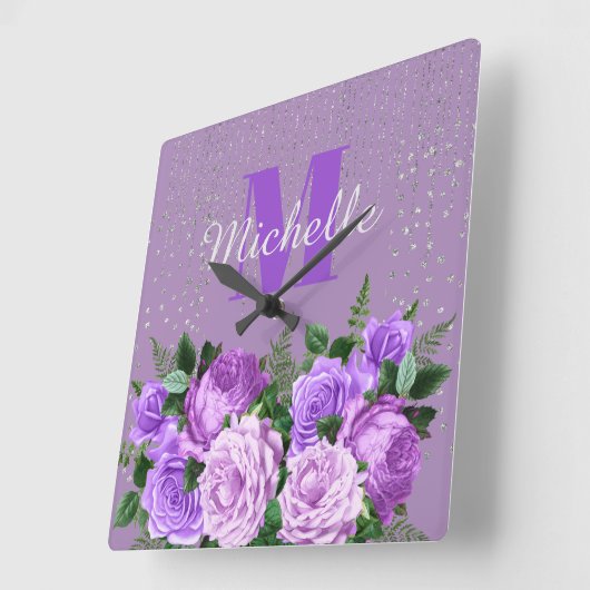 キュートパープルフローラシルバーグリッターモノグラム   スクエア壁時計 (傾斜)
