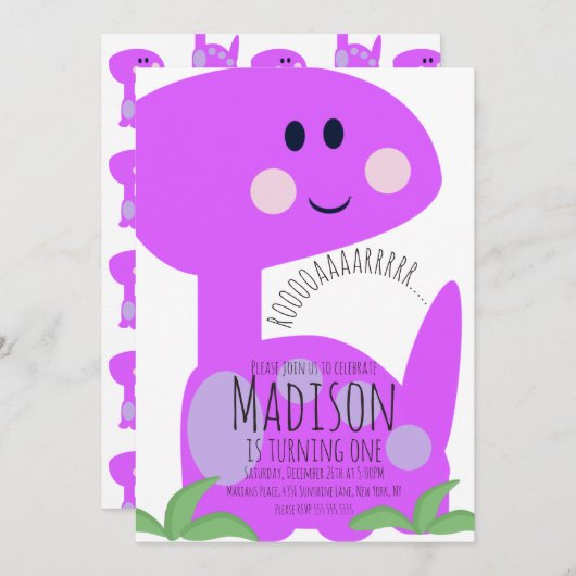 キュートパープルブライト恐竜誕生日招待状 招待状 (正面/裏面)