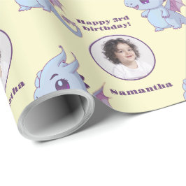 キュートパープルブルーチビ（小さくかわいく書いた感じ）ドラゴンカスタムフォト文字 ラッピングペーパー