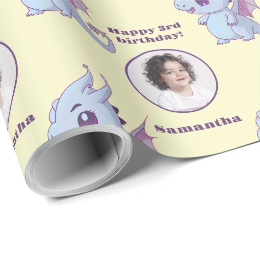 キュートパープルブルーチビ（小さくかわいく書いた感じ）ドラゴンカスタムフォト文字 ラッピングペーパー (ロールコーナー)