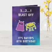 キュートパープルブルー宇宙モンスターズ8誕生日 カード (黄色い花)