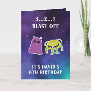 キュートパープルブルー宇宙モンスターズ8誕生日 カード