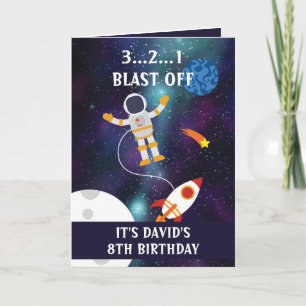 キュートパープルブルー宇宙ロケットスターズ8誕生日 カード