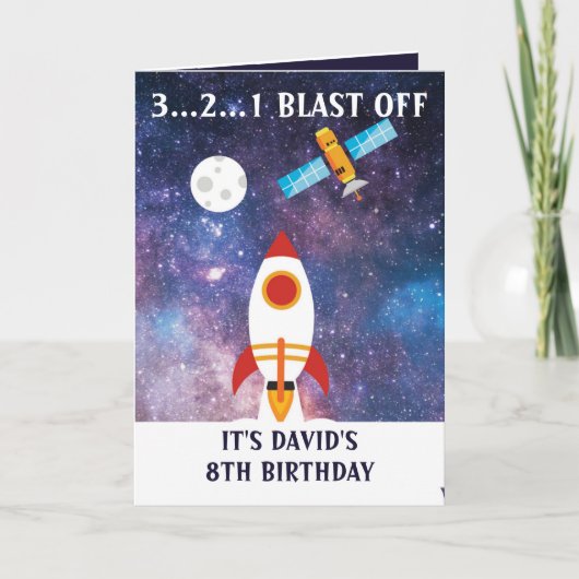 キュートパープルブルー宇宙ロケットムーン8誕生日 カード (正面)