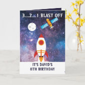 キュートパープルブルー宇宙ロケットムーン8誕生日 カード (黄色い花)