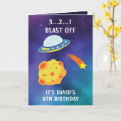 キュートパープルブルー宇宙飛んでいるソーサー8誕生日 カード (黄色い花)