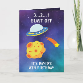 キュートパープルブルー宇宙飛んでいるソーサー8誕生日 カード