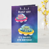 キュートパープルブルー銀河系モンスターズ8誕生日 カード (黄色い花)