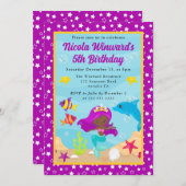 キュートパープルヘアマーメイド子供の誕生日 招待状 (正面/裏面)
