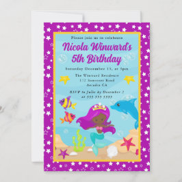 キュートパープルヘアマーメイド子供の誕生日 招待状