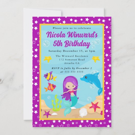 キュートパープルヘアマーメイド子供の誕生日 招待状 (正面)