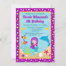キュートパープルヘアマーメイド子供の誕生日 招待状