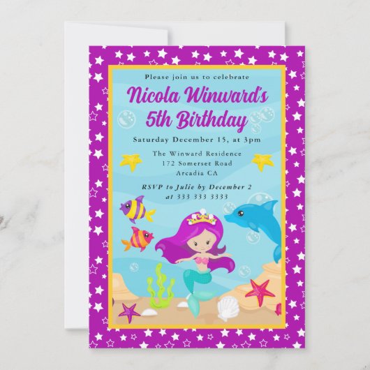 キュートパープルヘアマーメイド子供の誕生日 招待状 (正面)