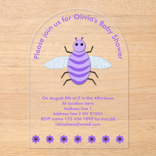 キュートパープルベビービー男女兼用カスタム アクリル招待状 (正面)
