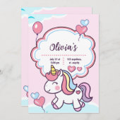 キュートパープルユニコーン子供の誕生日 招待状 (正面/裏面)