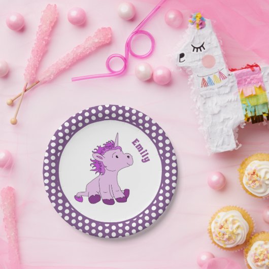キュートパープルユニコーン水玉模様キッド`sネーム誕生日 ペーパープレート (パーティー)