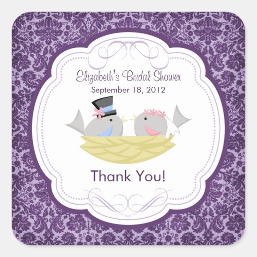 キュートパープルラブバードブライダルシャワースクエア スクエアシール (正面)