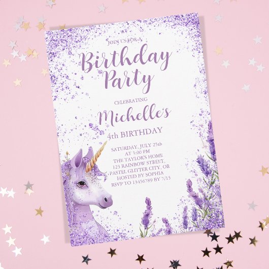 キュートパープルレインボーグリッターフローラユニコーン 招待状