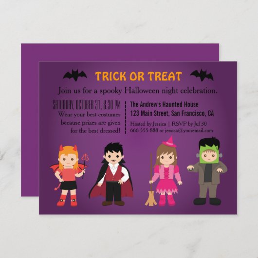 キュートパープル不気味ハローウィンパーティ 招待状 (正面/裏面)