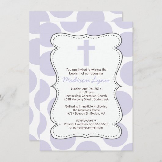 キュートパープル水玉模様クロスバプテスマ招待状 招待状 (正面/裏面)