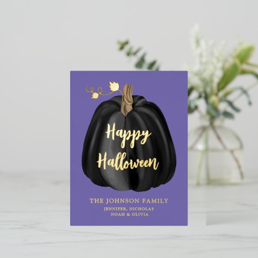 キュートパープル金ゴールドカボチャハッピーハローウィンフォイル 箔シーズンポストカード (立ち正面)