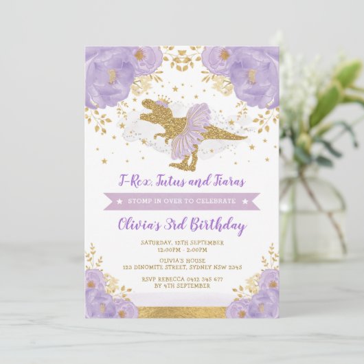 キュートパープル金ゴールドプリンセス恐竜ガール誕生日 招待状 (スタンド正面)