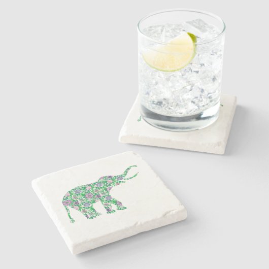 キュートパープル&グリーンエレファントイラストレーション ストーンコースター (横)