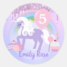 キュートパープル&ホワイトユニコーントリート誕生日 ラウンドシール