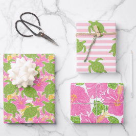 キュートパームビーチトロピカルフラワーズ&ウミガメ ラッピングペーパーシート