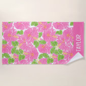 キュートパームビーチピンクハイビスカスフラワー ビーチタオル (正面)