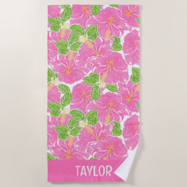 キュートパームビーチピンクハイビスカスフラワー ビーチタオル