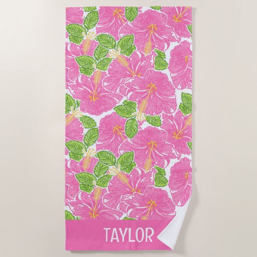キュートパームビーチピンクハイビスカスフラワー ビーチタオル (正面)