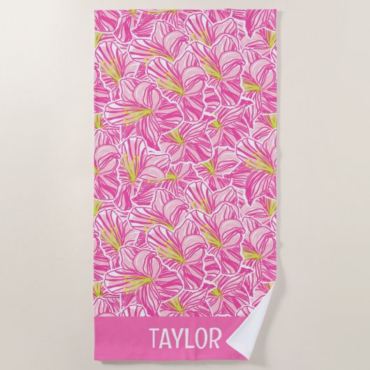 キュートパームビーチピンクハイビスカスフラワー ビーチタオル (正面)