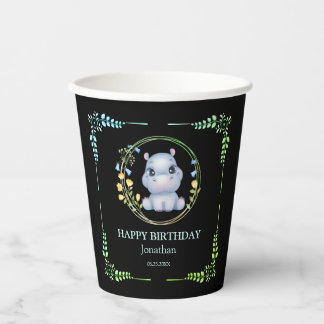キュートヒポタムスフラワーリース誕生日ブラック 紙コップ