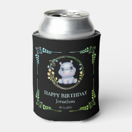 キュートヒポタムスフラワーリース誕生日ブラック 缶クーラー