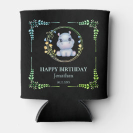 キュートヒポタムスフラワーリース誕生日ブラック 缶クーラー