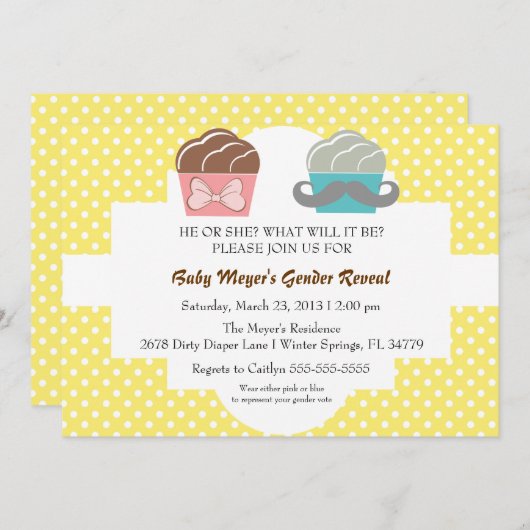 キュートヒュースティッシュ&ボウカップケーキジェンダーリビール招待状 招待状 (正面/裏面)