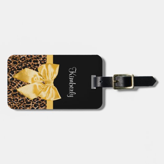キュートヒョウエレガント柄黄色いおじぎと名前 ラゲッジタグ (正面横)
