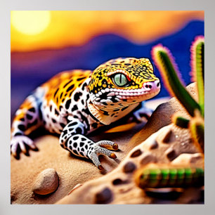 キュートヒョウGECKOサンセットデザートデザイン ポスター
