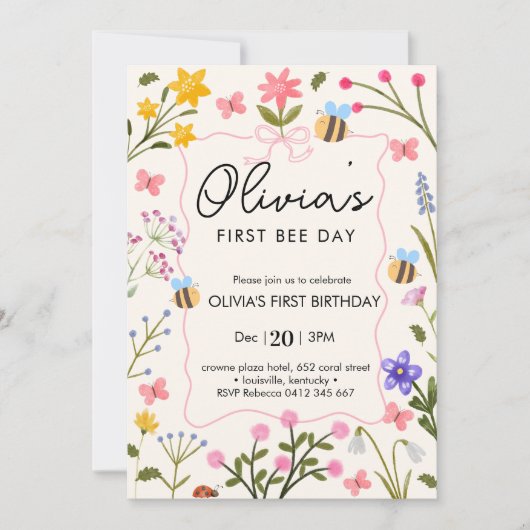 キュートビーファースト誕生日 招待状 (正面)