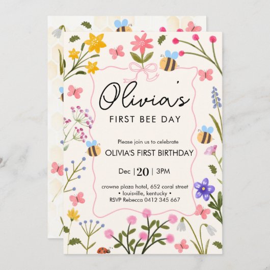 キュートビーファースト誕生日 招待状 (正面/裏面)